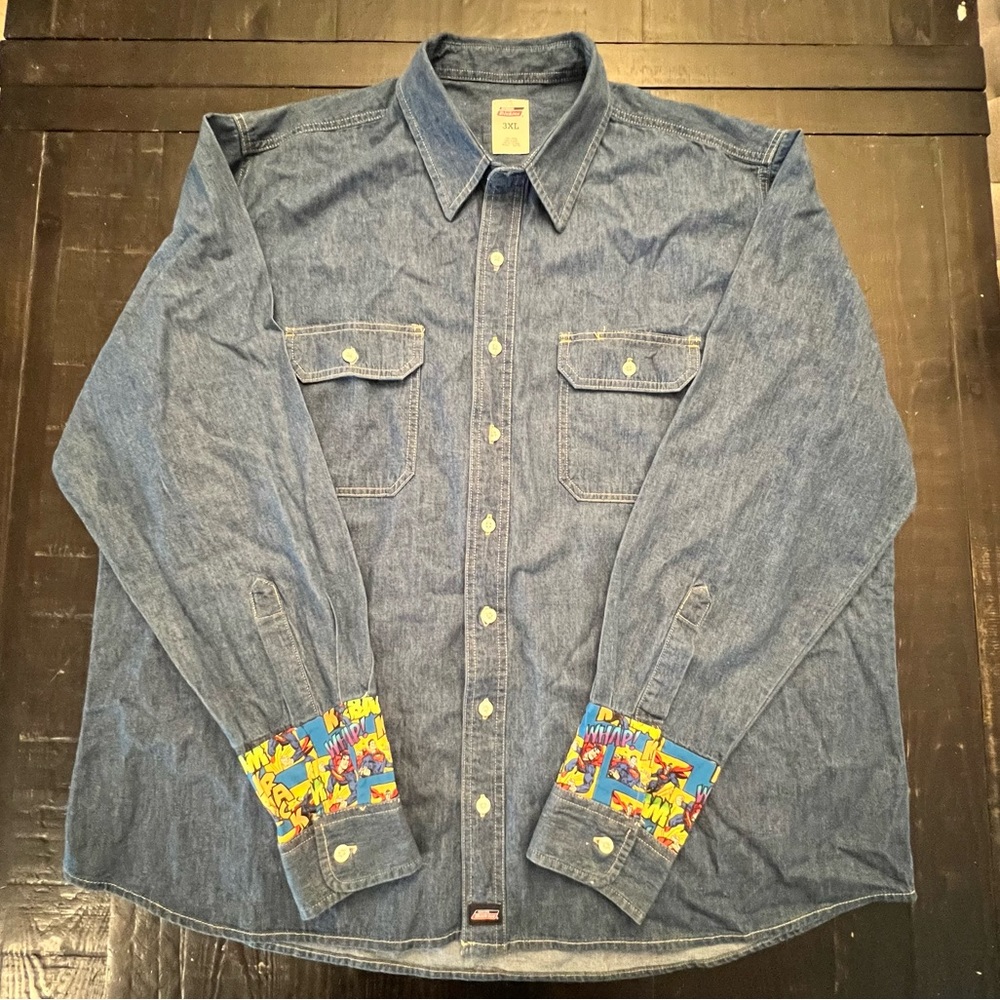 Dickies Vintage Denim Jean Superman Button Down Men’s 3XL Long Sleeve Shirt EUC